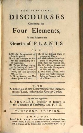 Ten partical discourses concerning the four Elements, as They Relate To the Growth of Plants