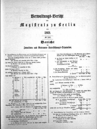 No. XIII. Bericht der Invaliden- und Veteranen- Unterstützungs-Deputation