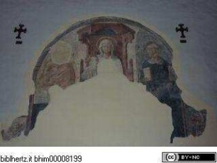 Thronende Madonna, flankiert von den heiligen Nikolaus von Tolentino und Sebastian