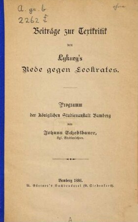 Beiträge zur Textkritik von Lykurg's Rede gegen Leokrates