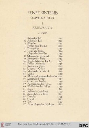 Renee Sintenis Oevrekatalog (Nr.1-72)