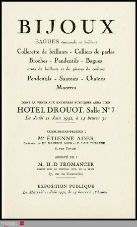 Bijoux : bagues émeraude et brillant, collerette de brillants, colliers de perles, broches, pendentifs, bagues ornés de brillants et de pierres de couleur, pendentifs, sautoirs, chaînes, montres : dont la vente aux enchères publiques aura lieu Hôtel Drouot, Salle No 7, le jeudi 11 juin 1942