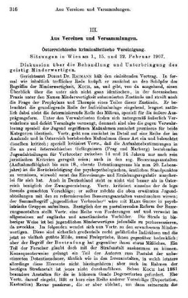 316-322, Österreichische kriminalistische Vereinigung. Sitzungen in Wien am 1., 15. und 22. Februar 1907