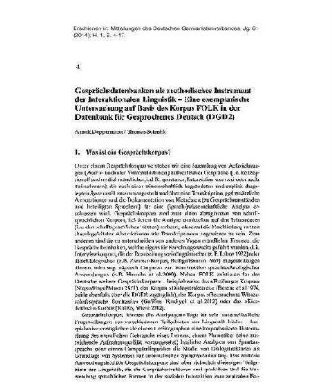 Gesprächsdatenbanken als methodisches Instrument der Interaktionalen Linguistik - Eine exemplarische Untersuchung auf Basis des Korpus FOLK in der Datenbank für Gesprochenes Deutsch (DGD2)