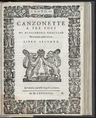 Alessandro Orologio: Canzonette a tre voci libro secondo. - Canto Sec.