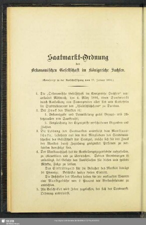 Saatmarkt-Ordnung der Oekonomischen Gesellschaft im Königreiche Sachsen : Genehmigt in der Ausschußsitzung vom 17. Januar 1891