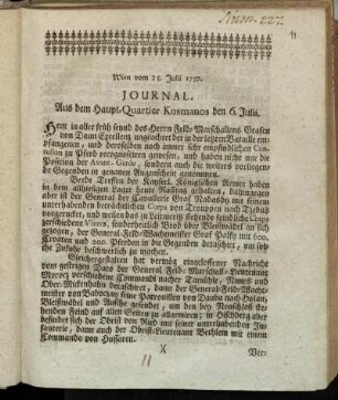 Wien vom 13. Julii 1757. : Journal Aus dem Haupt-Quartier Kosmanos den 6. Julii