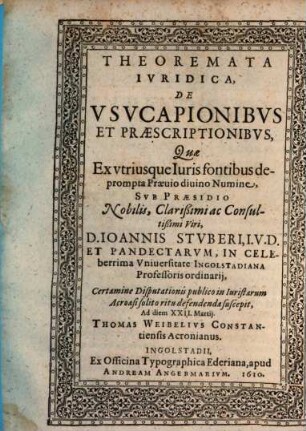 Theoremata Ivridica, De Vsvcapionibvs Et Praescriptionibvs