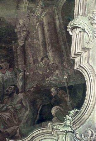 Die Wüten der Pest in Innsbruck im Jahre 1611; Pater Melchior Köstlan und der Arzt Paulus Weinhart betreuen Kranke und Sterbende