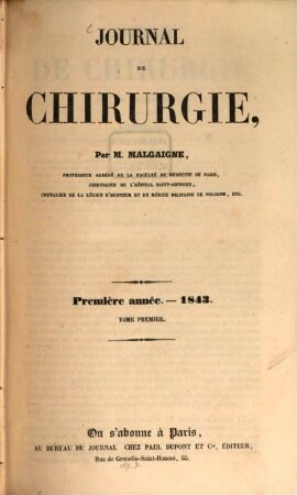 Journal de chirurgie. 1, 1. 1843