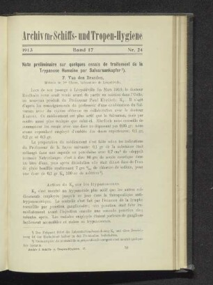 Note preliminaire sur quelques essais de traitement de la Trypanose Humaine par Salvarsankupfer