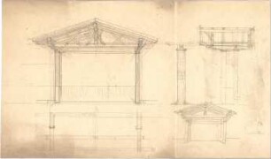 Thiersch, August ; Gebäude, Nebengebäude, Innenausstattung - unbestimmbare Einzelblätter - Nebenbauten (Grundriss, Perspektiven, Schnitt, Detail)