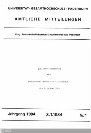 Habilitationsordnung des Fachbereichs Mathematik - Informatik : vom 3. Januar 1984