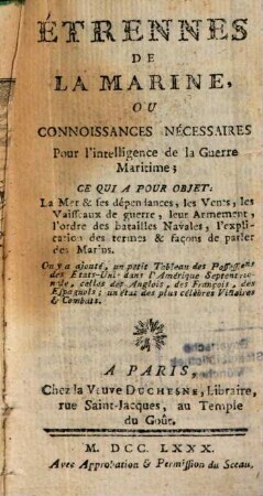 Etrennes de la Marine : ou Connoisances nécessaires pour l'intelligence de la Guerre maritime