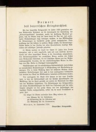 Vorwort des bayerischen Kriegsarchivs