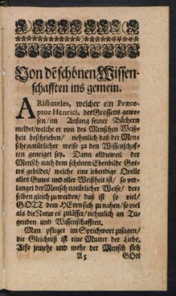 Von de[n] schönen Wissenschafften ins gemein.