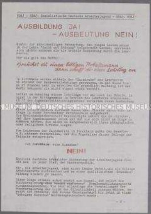 Hektografiertes Flugblatt der SDAJ gegen die Ausbeutung von Lehrlingen