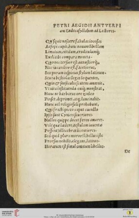 Petri Aegidii Antverpiani Endecasyllabon ad Lectores