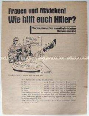 Illustriertes Propagandaflugblatt der SPD zur Reichstagswahl 1933 in Auseinandersetzung mit der Wirtschaftspolitik der NSDAP