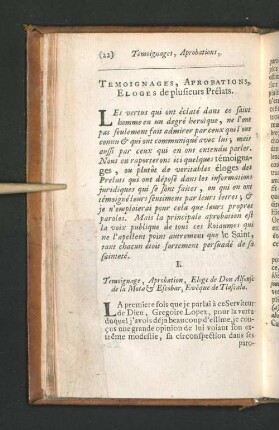 Temoignages, Aprobations, Eloges de plusieurs Prélats.