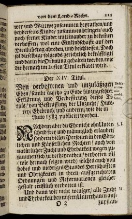 Der XIV. Titul. Von verbottenen und unzuläßigen Ehen/ ... - Der XX. Titul. Von Einkindschafften/ wie die auffgericht/ auch wie es damit soll gehalten werden.