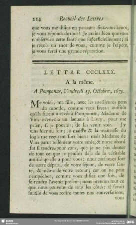 Lettre CCCLXXX. A la même. A Pomponne, Vendredi 13. Octobre, 1679