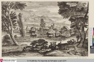 [View of a Village by a River with a Herd of Goats; Landschaft mit mit Ziegenherde]