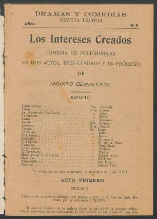 1920000800: Los intereses creados : comedia en dos actos y un prólogo