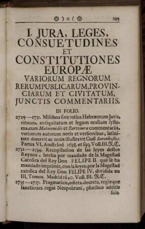 I. Jura, Leges, Consuetudines Et Constitutiones Europæ ...