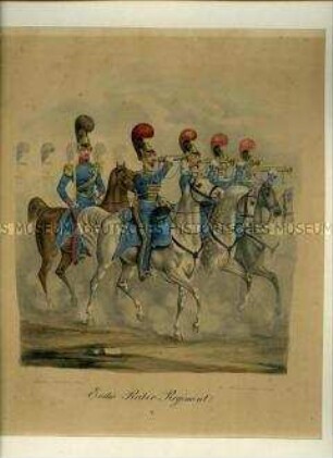 Oberst und vier Trompeter, 1. Reiterregiment. Aus Kunstdruckmappe "Uniformen der Königlich Sächsischen Armee" 1832.