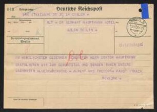 Brief von Albert Bernhard Faust und Theodora Faust an Gerhart Hauptmann