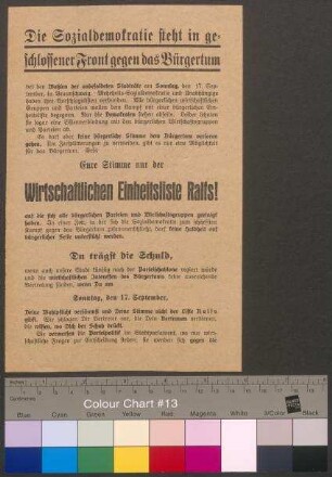 Flugblatt der Wirtschaftlichen Einheitsliste zur Stadtratswahl (Wahl der unbesoldeten Ratsmitglieder) am 17. September 1922