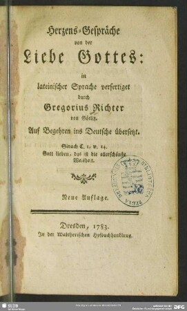 Herzens-Gespräche von der Liebe Gottes : in lateinischer Sprache verfertiget