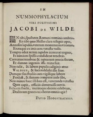 In Nummophylacium Viri Politissimi Jacobi De Wilde