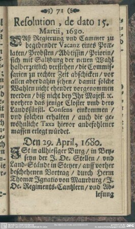 Resolution, de dato 15. Martii, 1680