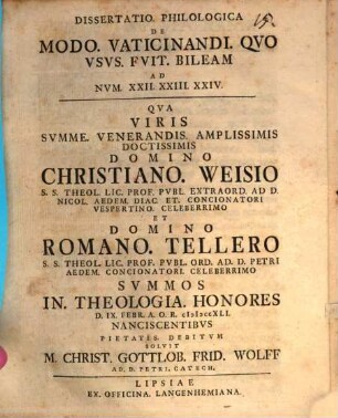 Dissertatio Philologica De Modo Vaticinandi, Qvo Vsvs fvit Bileam : ad Num. XXII. XXIII. XXIV.
