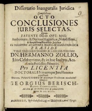 Dissertatio Inauguralis Iuridica Complectens Octo Conclusiones Iuris Selectas