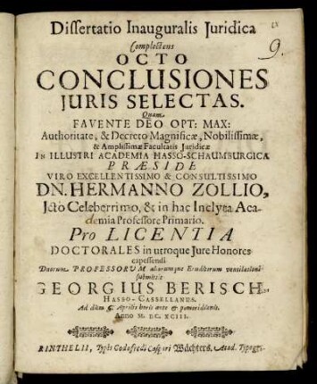 Dissertatio Inauguralis Iuridica Complectens Octo Conclusiones Iuris Selectas