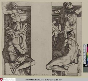 [Quatre figures de termes et d'autres hommes nuds et assis, peintes aux côtés de l'un des deux tableaux de la fable de Poliphème]