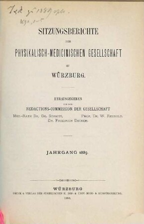 Sitzungs-Berichte der Physikalisch-Medizinischen Gesellschaft zu Würzburg. 1889