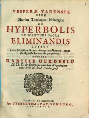 Vesperae Vadenses : s. Diatribae theologico-philologicae