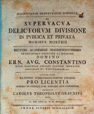 Dissertatio Inavgvralis Ivridica De Svpervacva Delictorvm Divisione In Pvblica Et Privata Moribvs Nostris