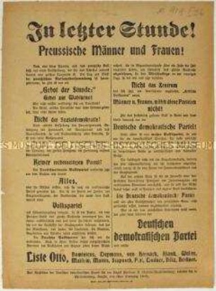 Aufruf der Deutschen Demokratischen Partei zur Unterstützung der Liste Otto bei der Wahl der preußischen Landesversammlung 1919