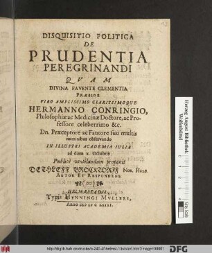 Disquisitio Politica De Prudentia Peregrinandi