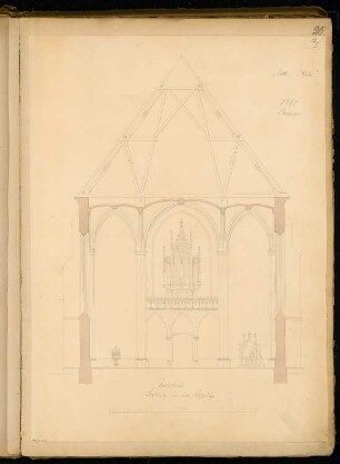 Dorfkirche mit 300 Sitzplätzen Monatskonkurrenz Januar 1865: Querschnitt (Richtung Eingang/ Orgel); 1:60, Maßstabsleiste
