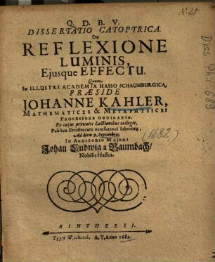 Dissertatio Catoptrica. De Reflexione Luminis, Ejusque Effectu