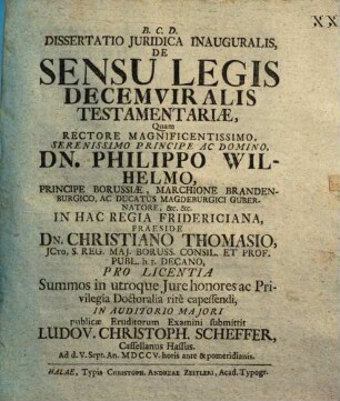 Dissertatio Juridica Inauguralis, De Sensu Legis Decemviralis Testamentariae