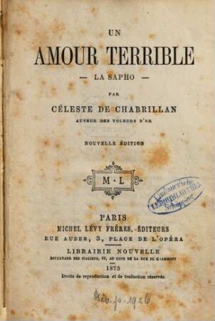 Un amour terrible : La Sapho. Par Céleste de Chabrillan