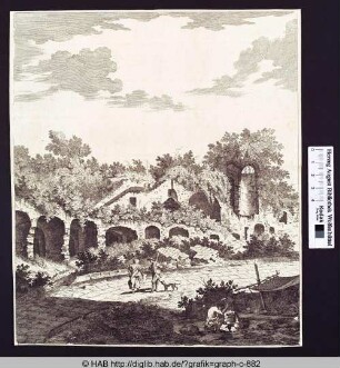Eine Straße und Ruinen in bewaldeter Landschaft; Zwei Handwerker bei der Arbeit