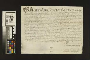 Mainz (Karmeliter): Revers des Priors und des Konvents der Karmeliter zu Mainz über die von Marie Elisabeth K .... ? von Worms Freifräulein v. Dal...